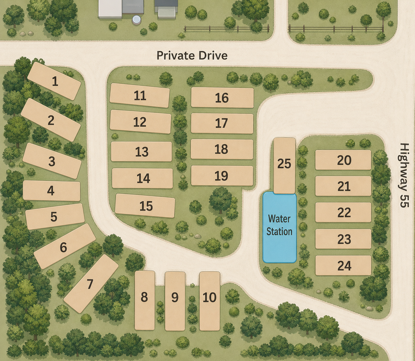 Windmill RV Park site map showing numbered RV sites 1 through 25, Private Drive, Highway 55, and the Water Station